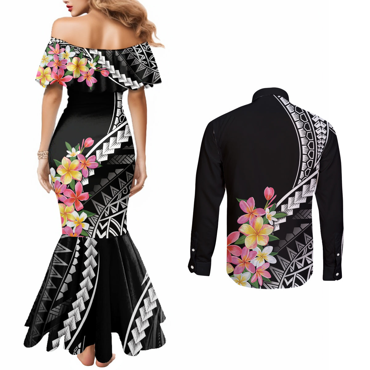 AAPI Heritage Month Couples Matching Mermaid Dress and Long Sleeve Button Shirt Kanaka Hawaii Plumeria