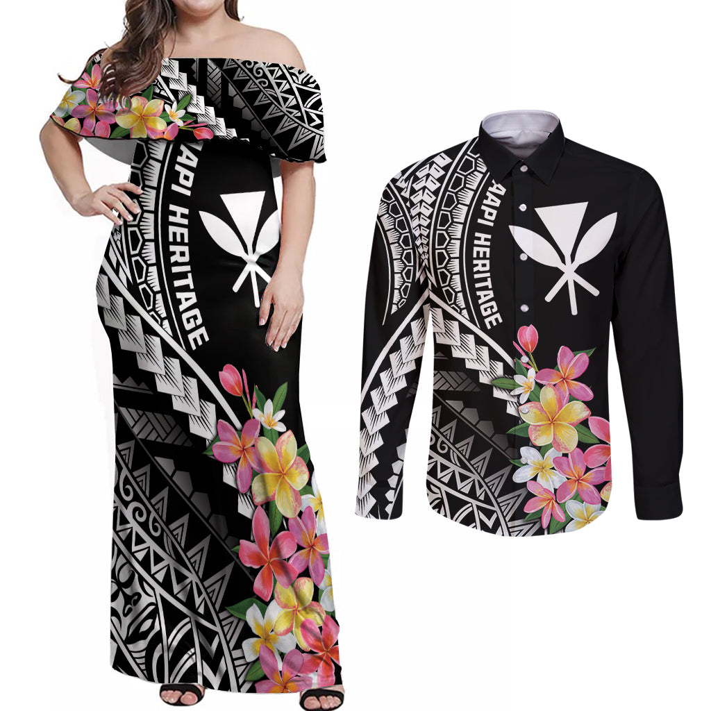 AAPI Heritage Month Couples Matching Off Shoulder Maxi Dress and Long Sleeve Button Shirt Kanaka Hawaii Plumeria