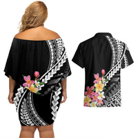 AAPI Heritage Month Couples Matching Off Shoulder Short Dress and Hawaiian Shirt Kanaka Hawaii Plumeria