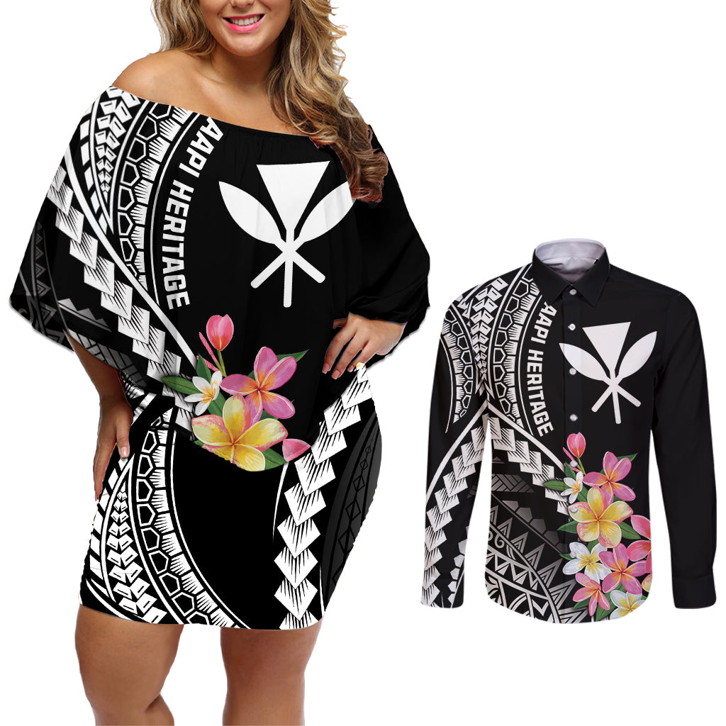 AAPI Heritage Month Couples Matching Off Shoulder Short Dress and Long Sleeve Button Shirt Kanaka Hawaii Plumeria