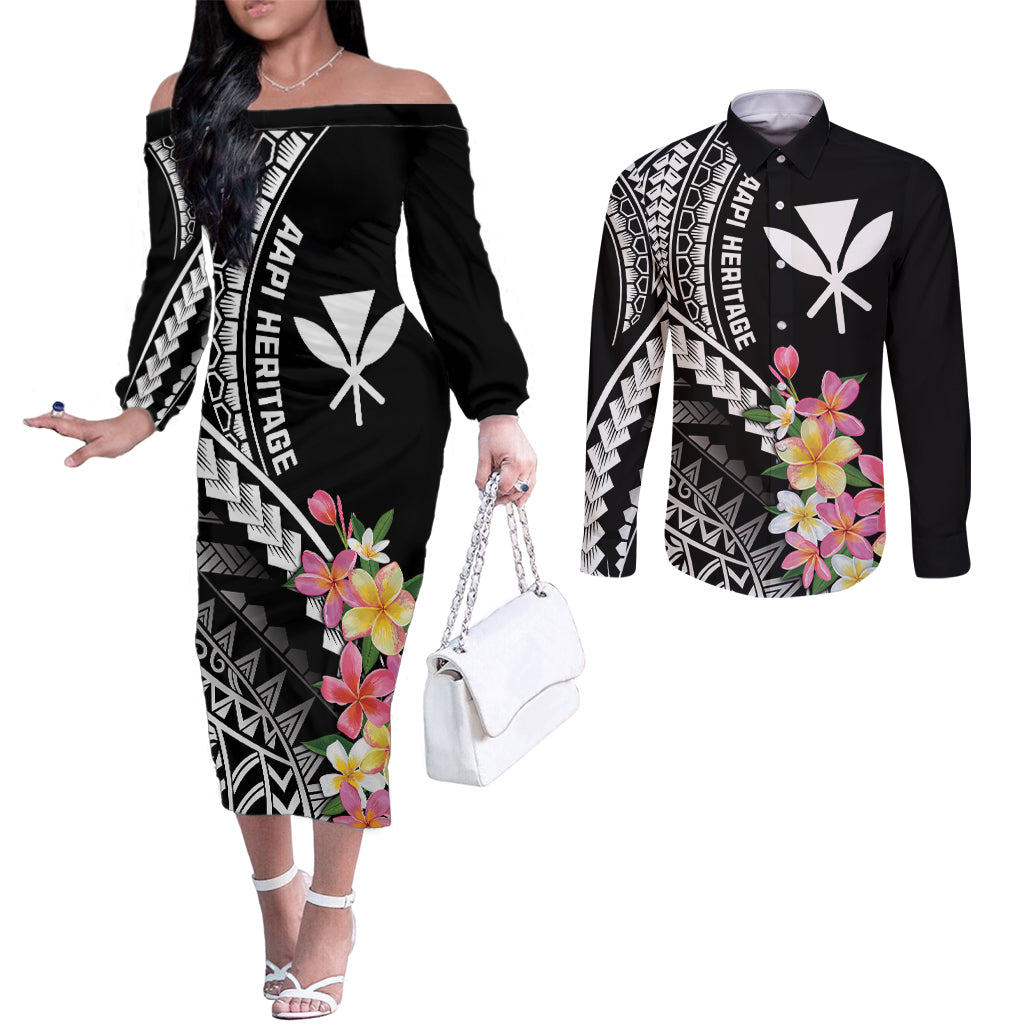 AAPI Heritage Month Couples Matching Off The Shoulder Long Sleeve Dress and Long Sleeve Button Shirt Kanaka Hawaii Plumeria