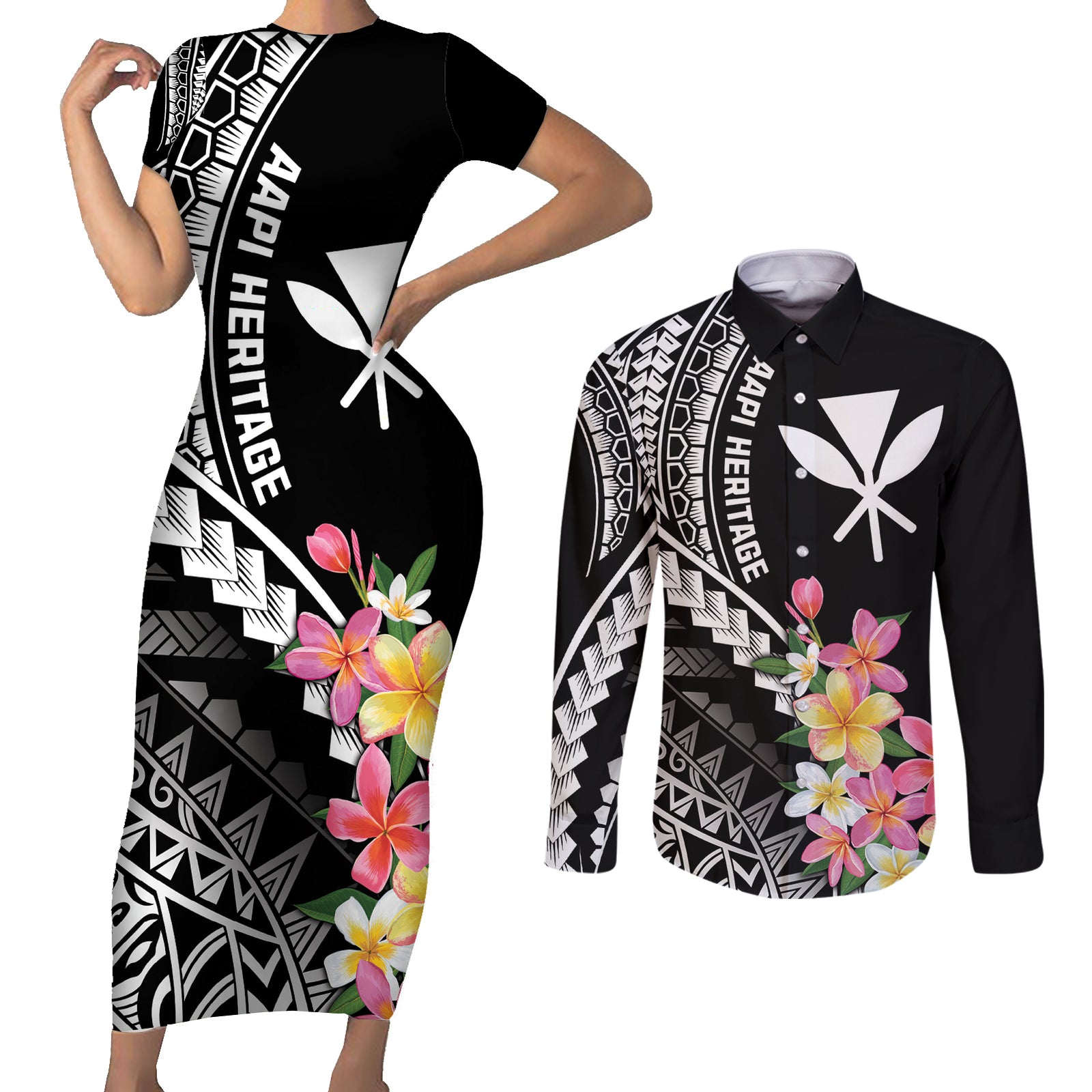 AAPI Heritage Month Couples Matching Short Sleeve Bodycon Dress and Long Sleeve Button Shirt Kanaka Hawaii Plumeria