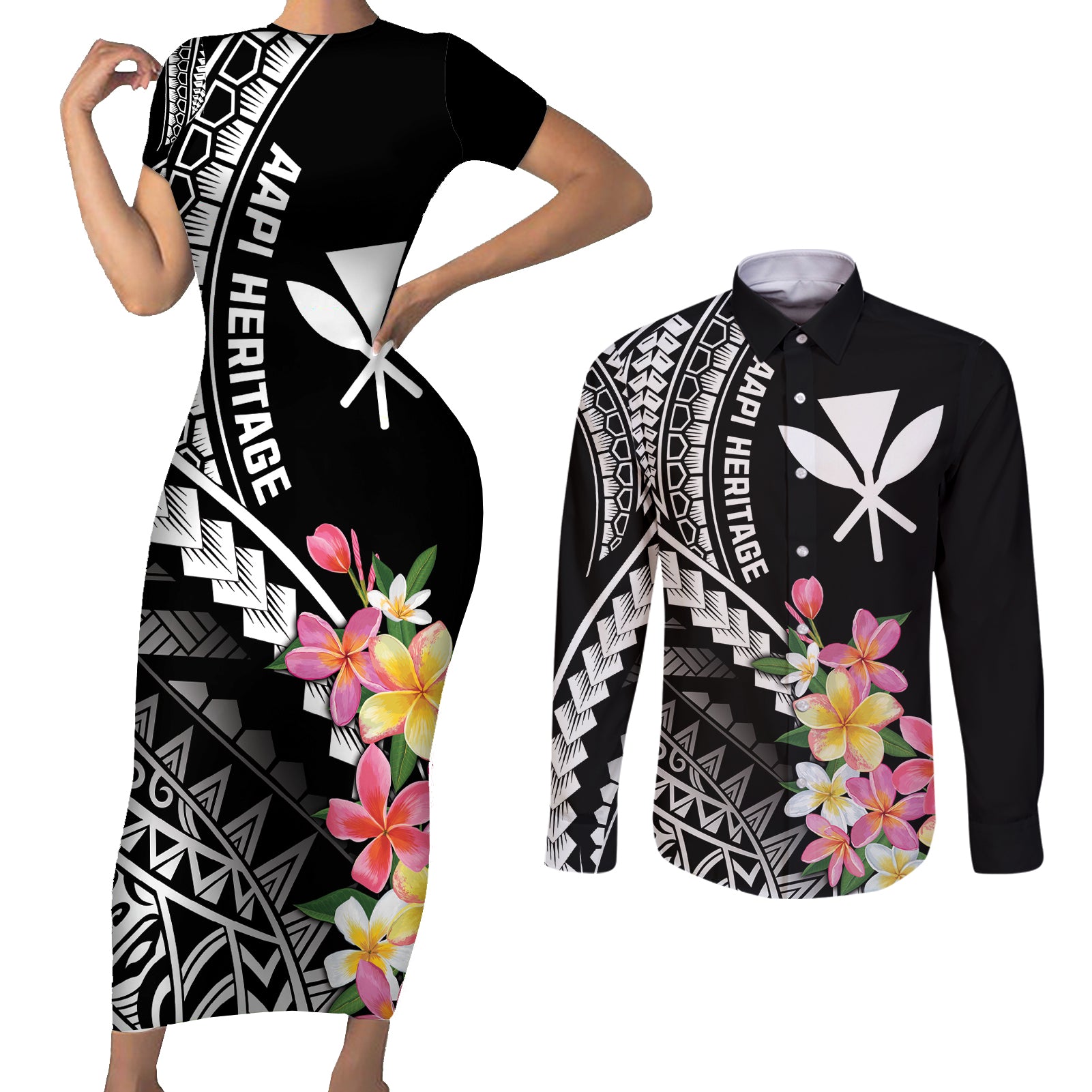 AAPI Heritage Month Couples Matching Short Sleeve Bodycon Dress and Long Sleeve Button Shirt Kanaka Hawaii Plumeria