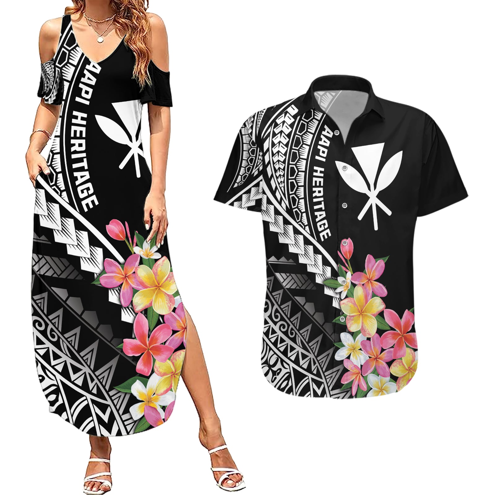 AAPI Heritage Month Couples Matching Summer Maxi Dress and Hawaiian Shirt Kanaka Hawaii Plumeria