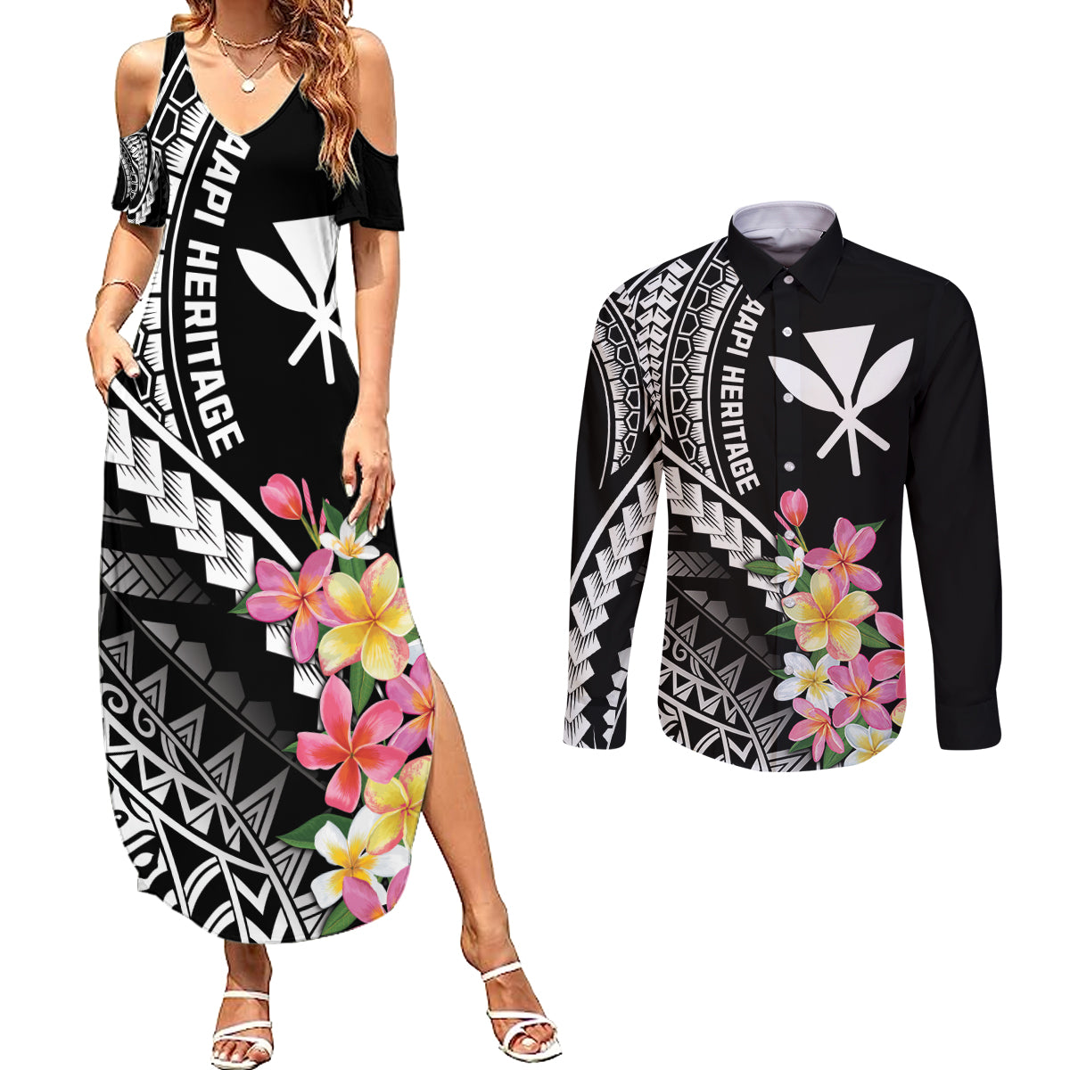 AAPI Heritage Month Couples Matching Summer Maxi Dress and Long Sleeve Button Shirt Kanaka Hawaii Plumeria