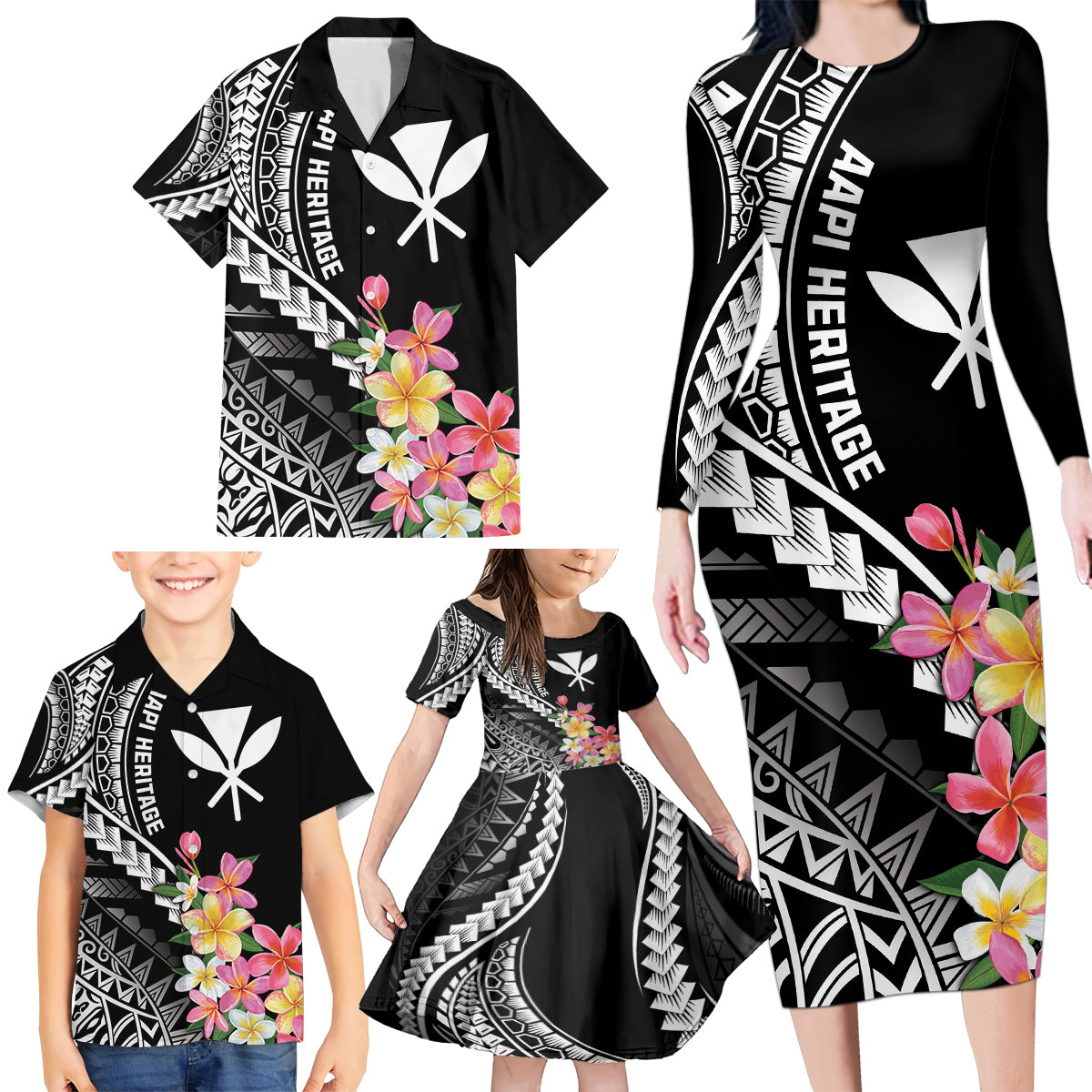 AAPI Heritage Month Family Matching Long Sleeve Bodycon Dress and Hawaiian Shirt Kanaka Hawaii Plumeria