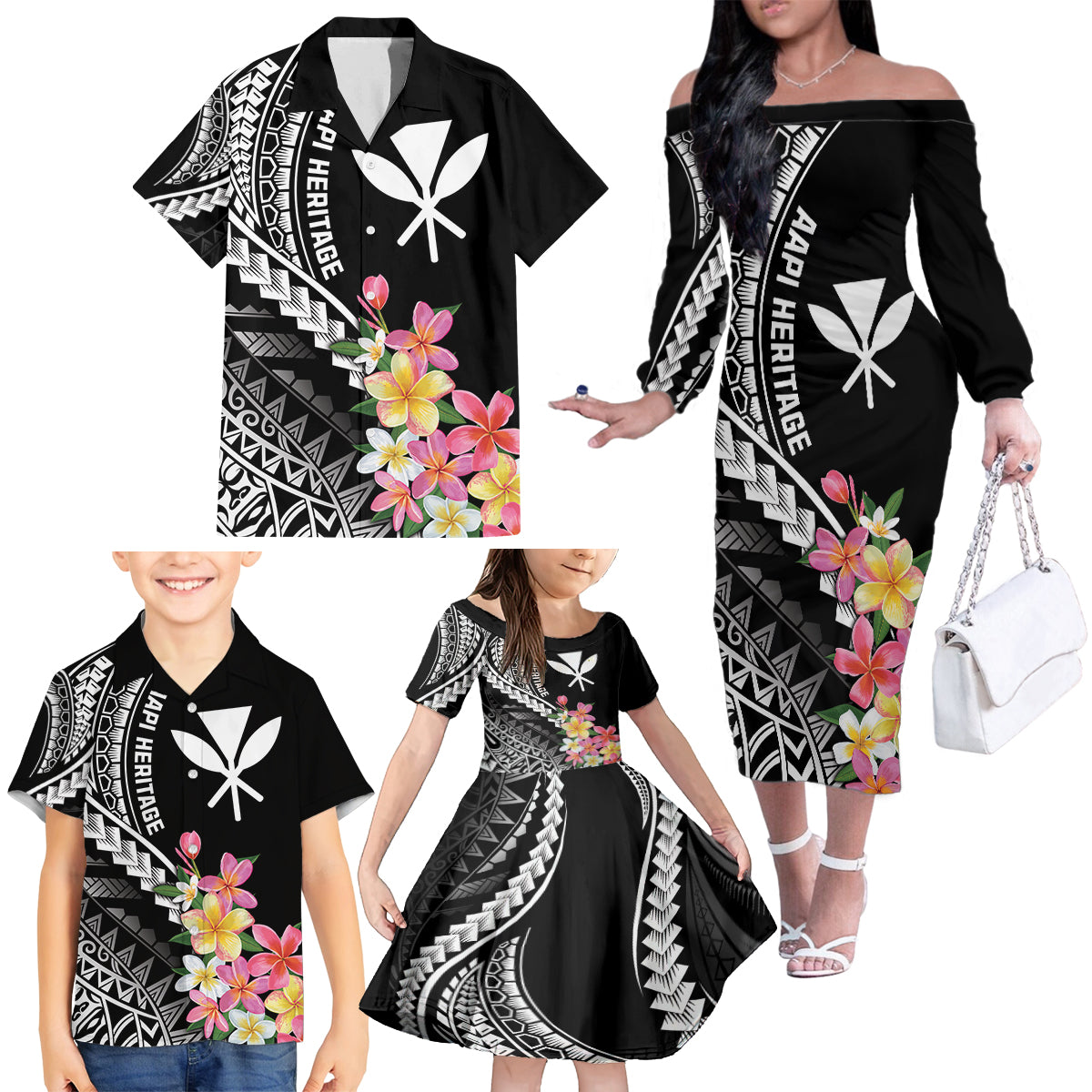 AAPI Heritage Month Family Matching Off The Shoulder Long Sleeve Dress and Hawaiian Shirt Kanaka Hawaii Plumeria