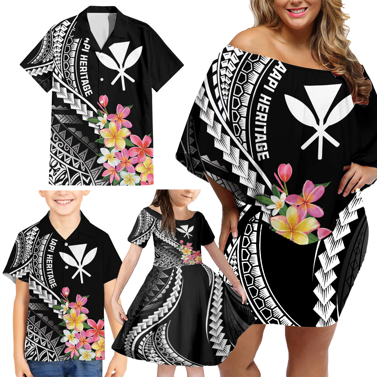 AAPI Heritage Month Family Matching Off Shoulder Short Dress and Hawaiian Shirt Kanaka Hawaii Plumeria