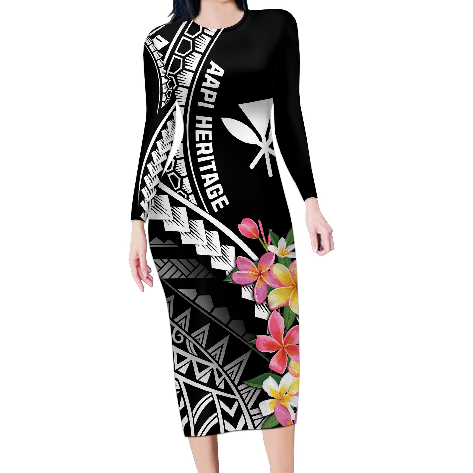 AAPI Heritage Month Long Sleeve Bodycon Dress Kanaka Hawaii Plumeria