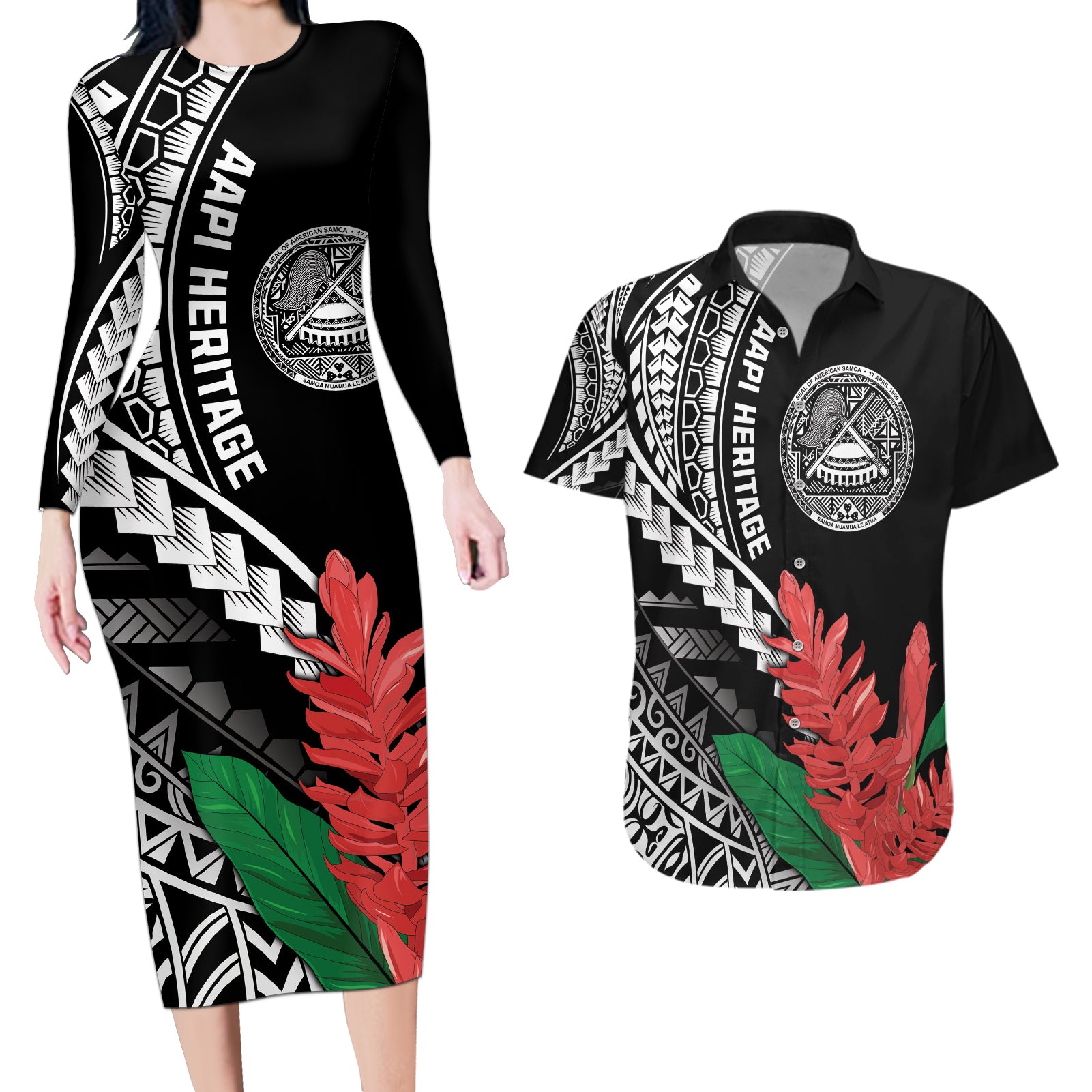 AAPI Heritage Month Couples Matching Long Sleeve Bodycon Dress and Hawaiian Shirt Samoa Teuila