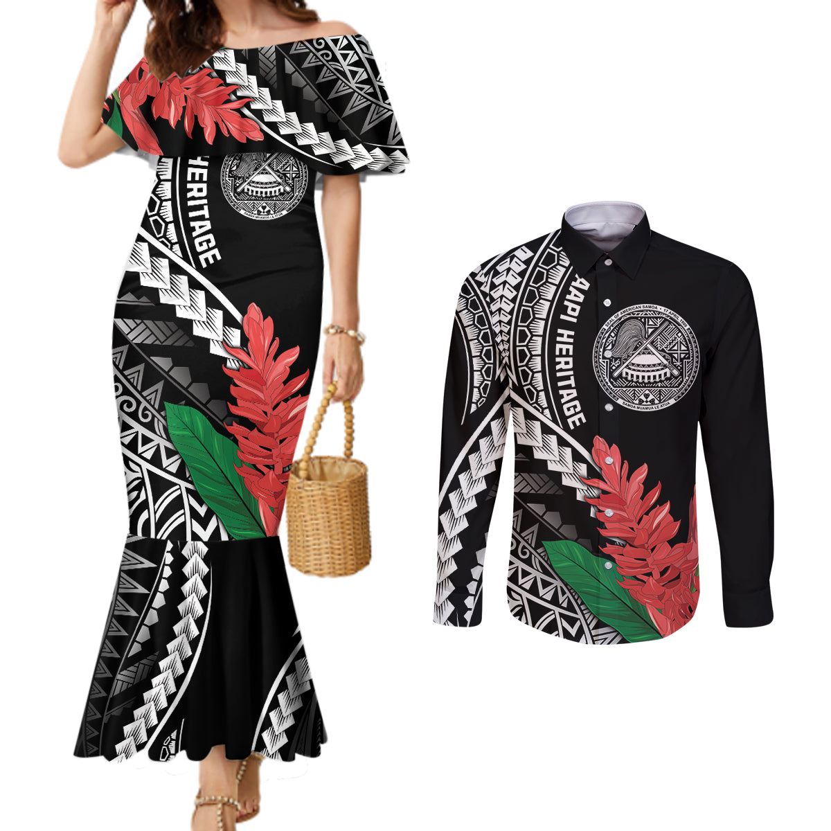 AAPI Heritage Month Couples Matching Mermaid Dress and Long Sleeve Button Shirt Samoa Teuila