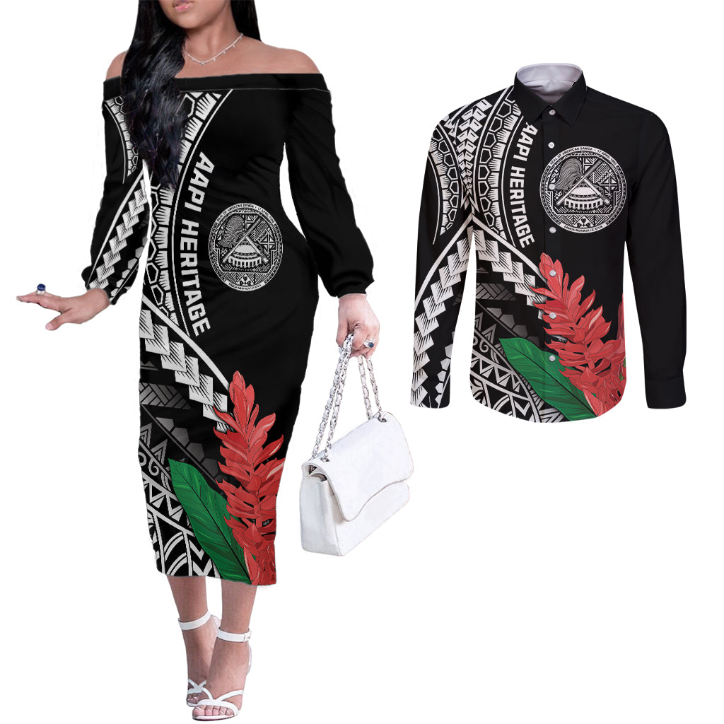 AAPI Heritage Month Couples Matching Off The Shoulder Long Sleeve Dress and Long Sleeve Button Shirt Samoa Teuila