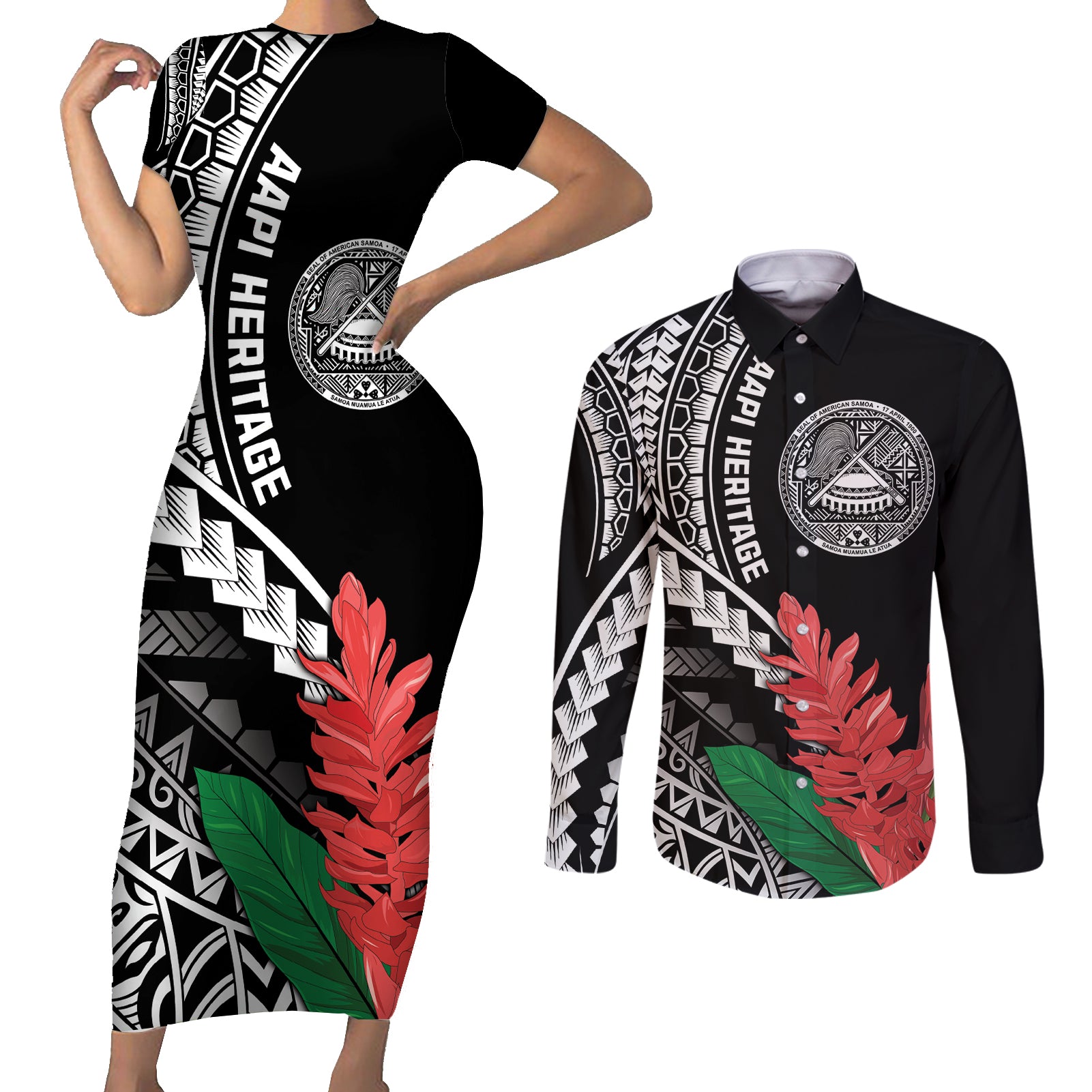 AAPI Heritage Month Couples Matching Short Sleeve Bodycon Dress and Long Sleeve Button Shirt Samoa Teuila