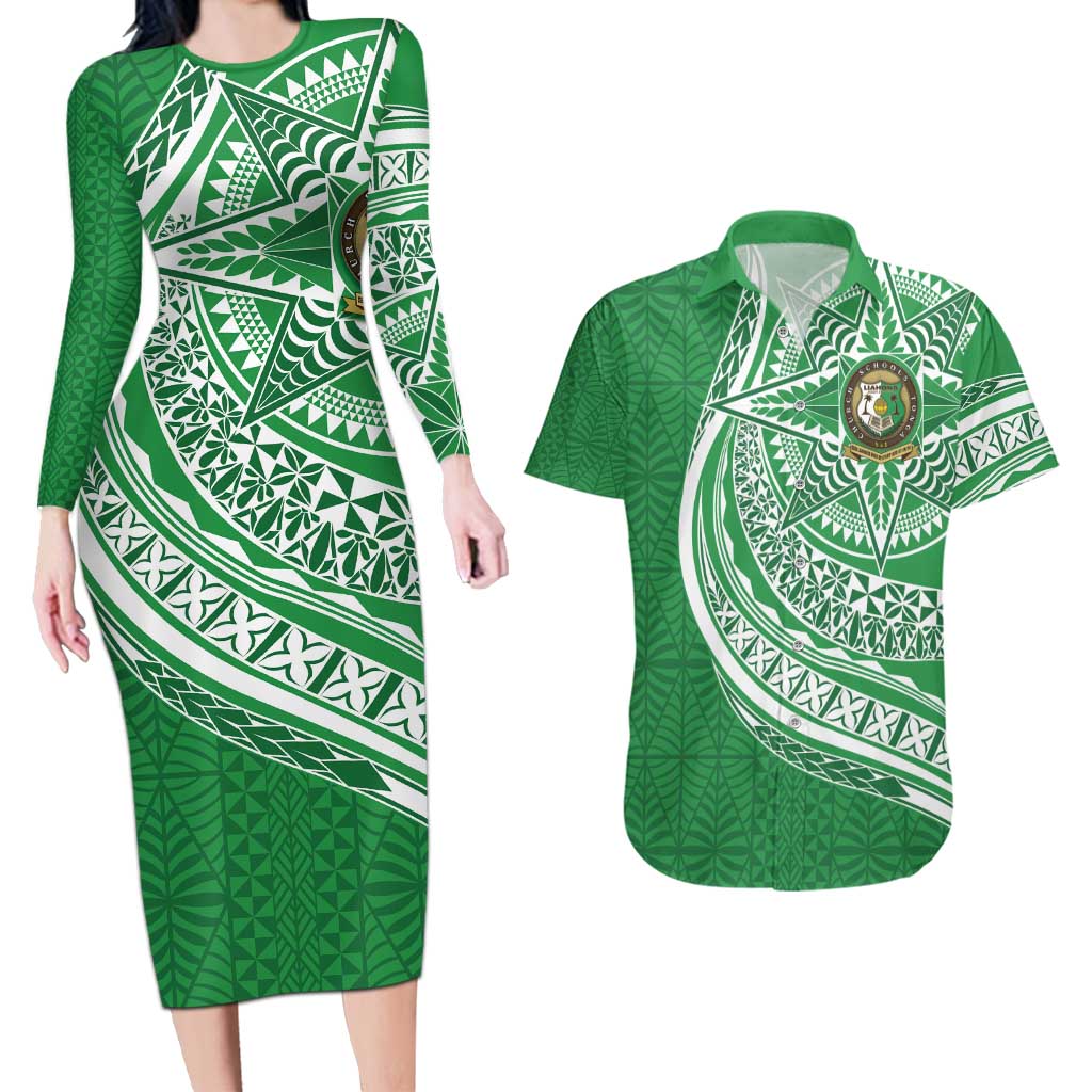 Tonga Liahona High School Personalized Couples Matching Long Sleeve Bodycon Dress and Hawaiian Shirt Ngatu Tokelaufeletoa Motifs