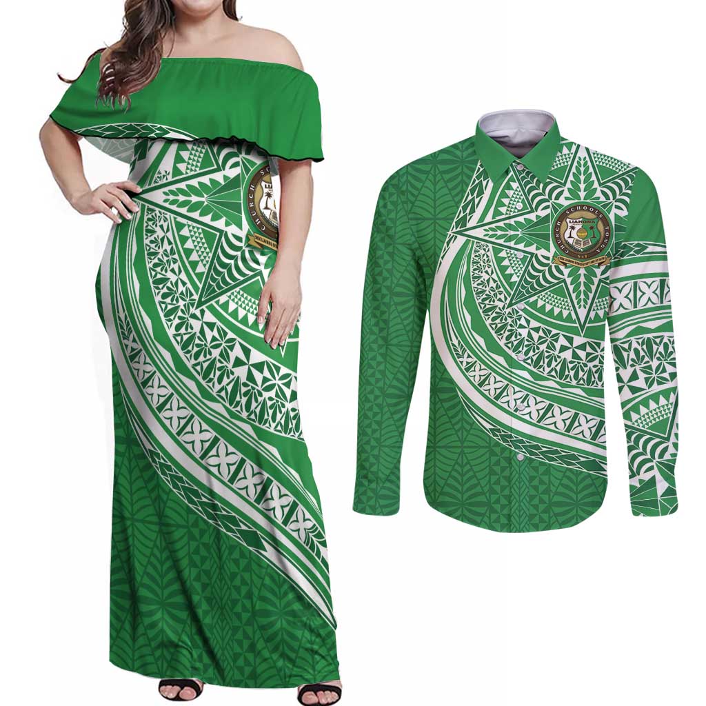 Tonga Liahona High School Personalized Couples Matching Off Shoulder Maxi Dress and Long Sleeve Button Shirt Ngatu Tokelaufeletoa Motifs