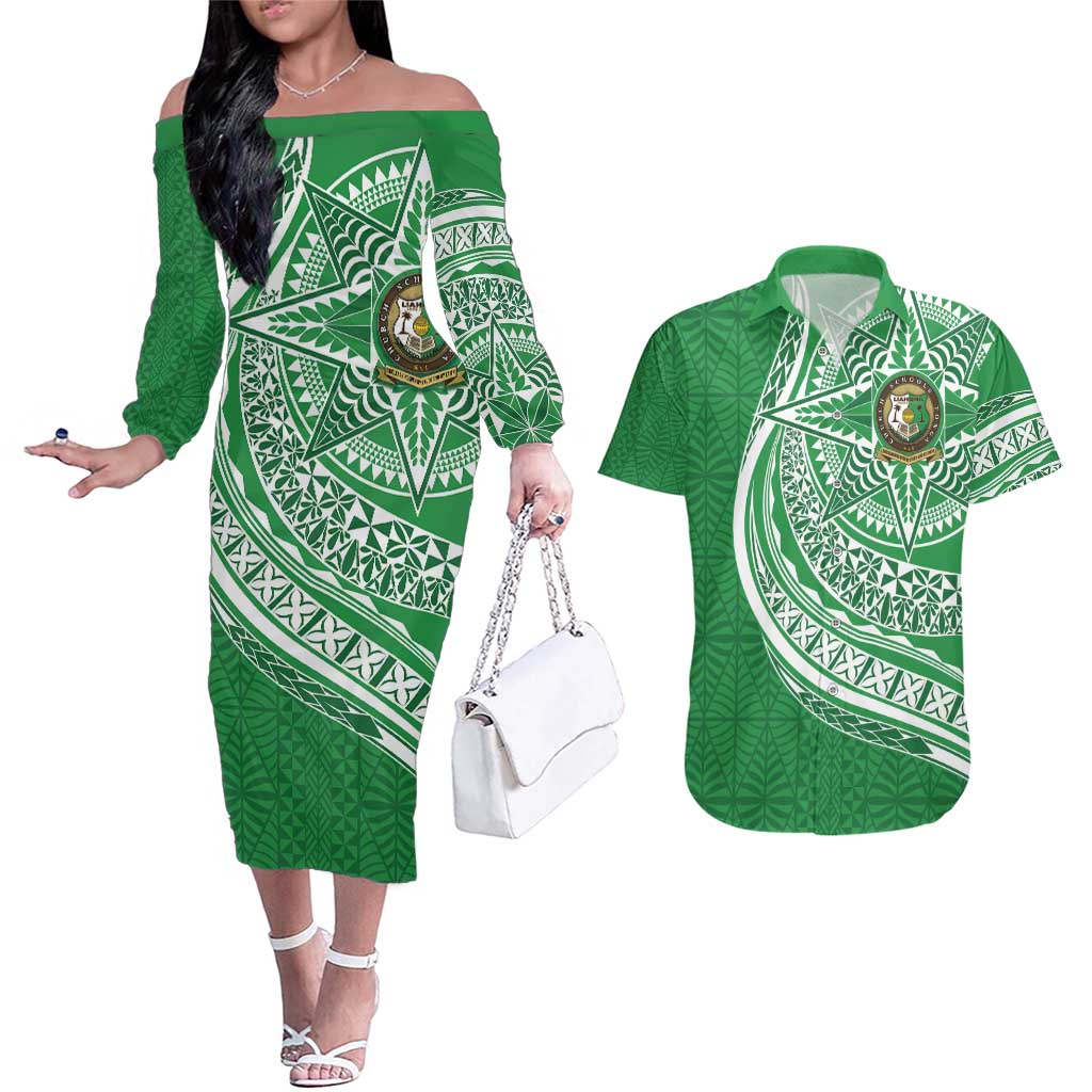 Tonga Liahona High School Personalized Couples Matching Off The Shoulder Long Sleeve Dress and Hawaiian Shirt Ngatu Tokelaufeletoa Motifs