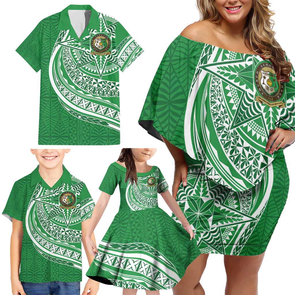 Tonga Liahona High School Personalized Family Matching Off Shoulder Short Dress and Hawaiian Shirt Ngatu Tokelaufeletoa Motifs