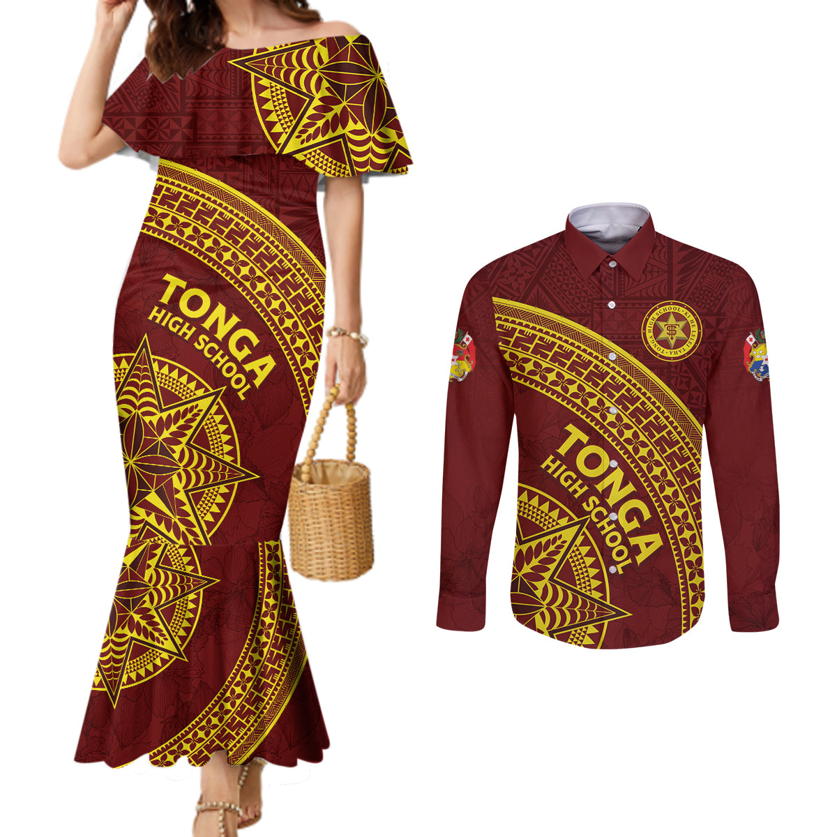 Tonga High School Couples Matching Mermaid Dress and Long Sleeve Button Shirt THS Anniversary Ngatu Motif