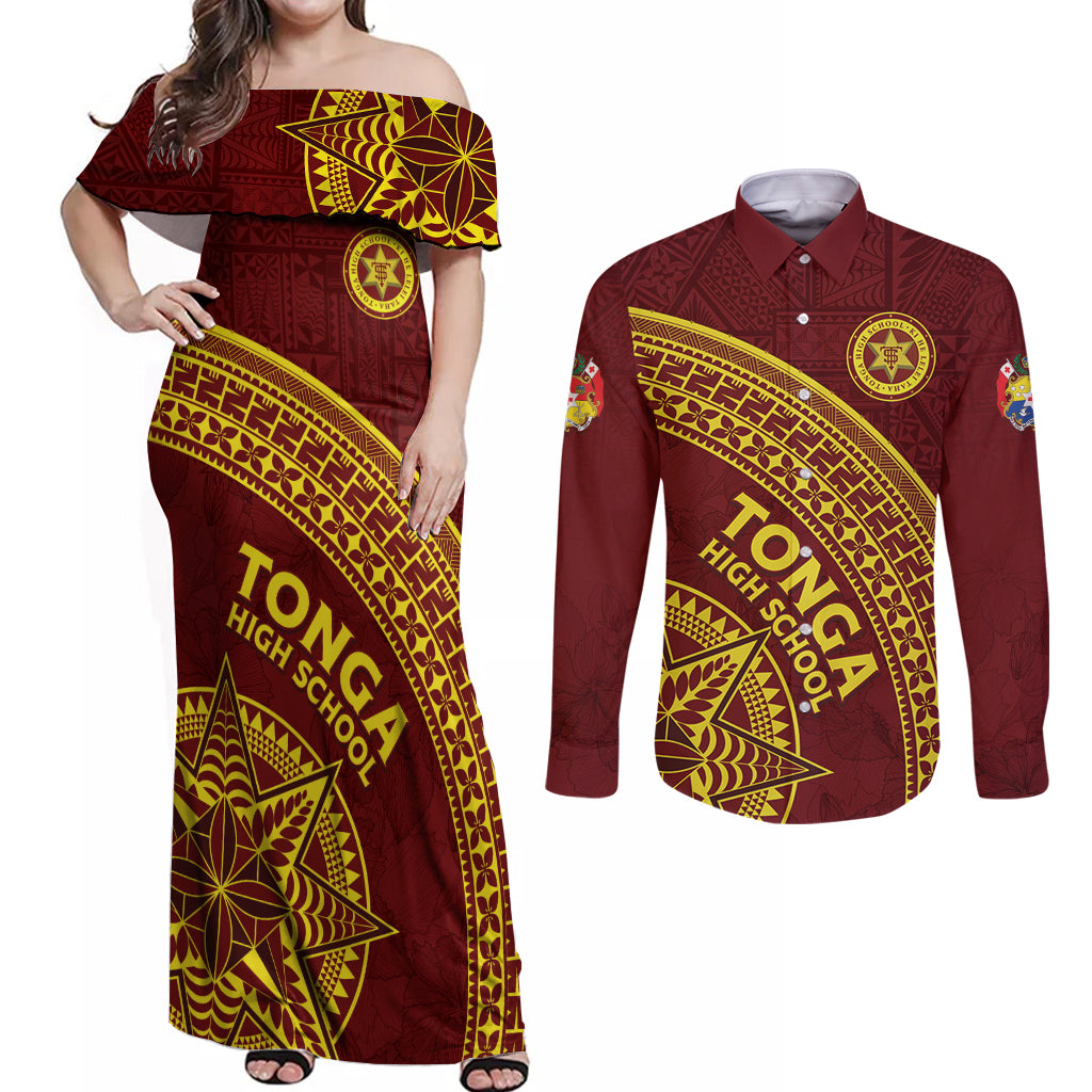 Tonga High School Couples Matching Off Shoulder Maxi Dress and Long Sleeve Button Shirt THS Anniversary Ngatu Motif