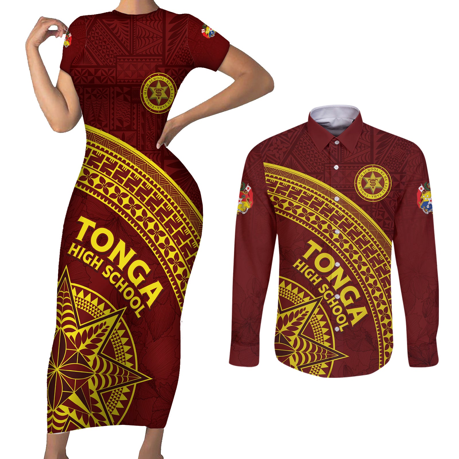 Tonga High School Couples Matching Short Sleeve Bodycon Dress and Long Sleeve Button Shirt THS Anniversary Ngatu Motif