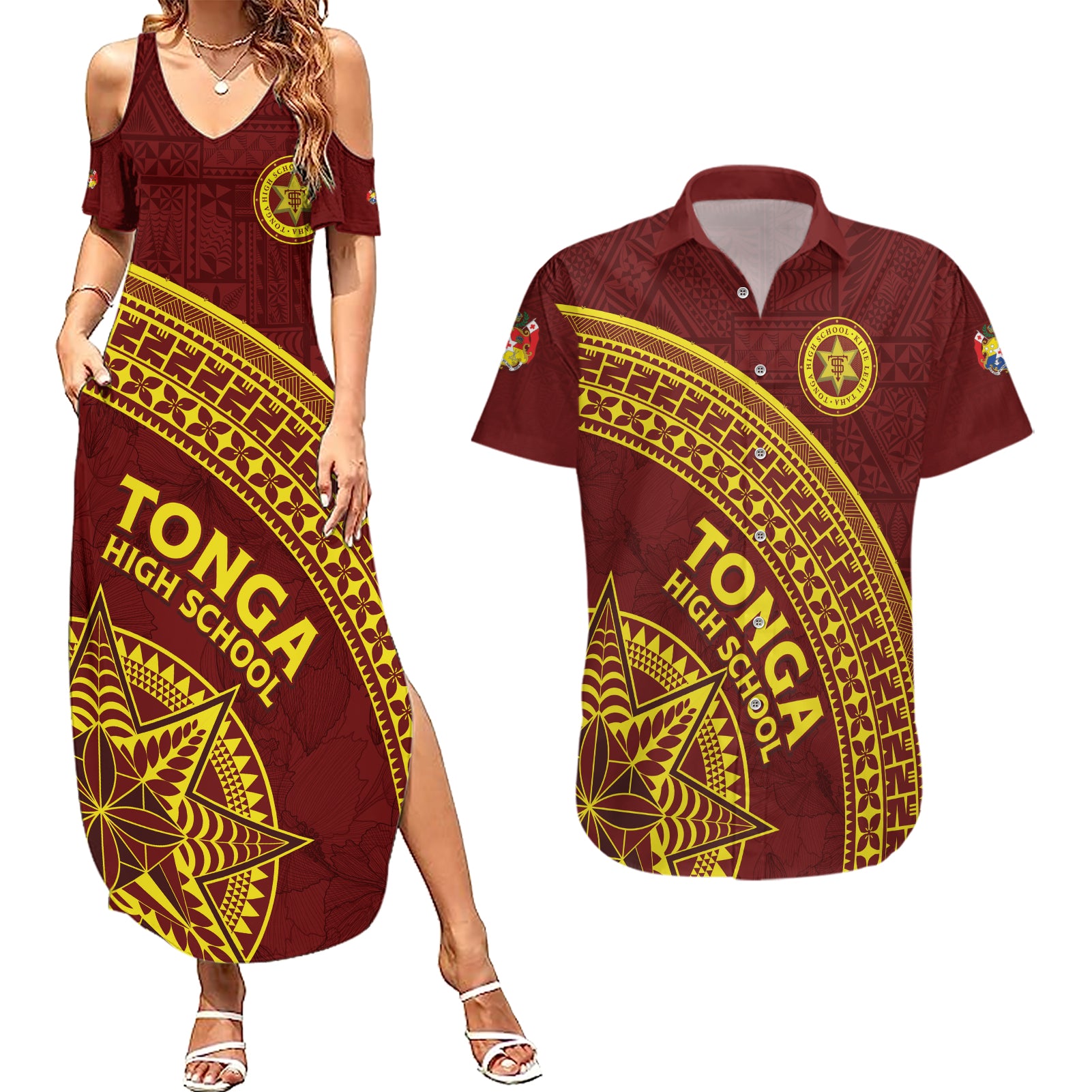 Tonga High School Couples Matching Summer Maxi Dress and Hawaiian Shirt THS Anniversary Ngatu Motif