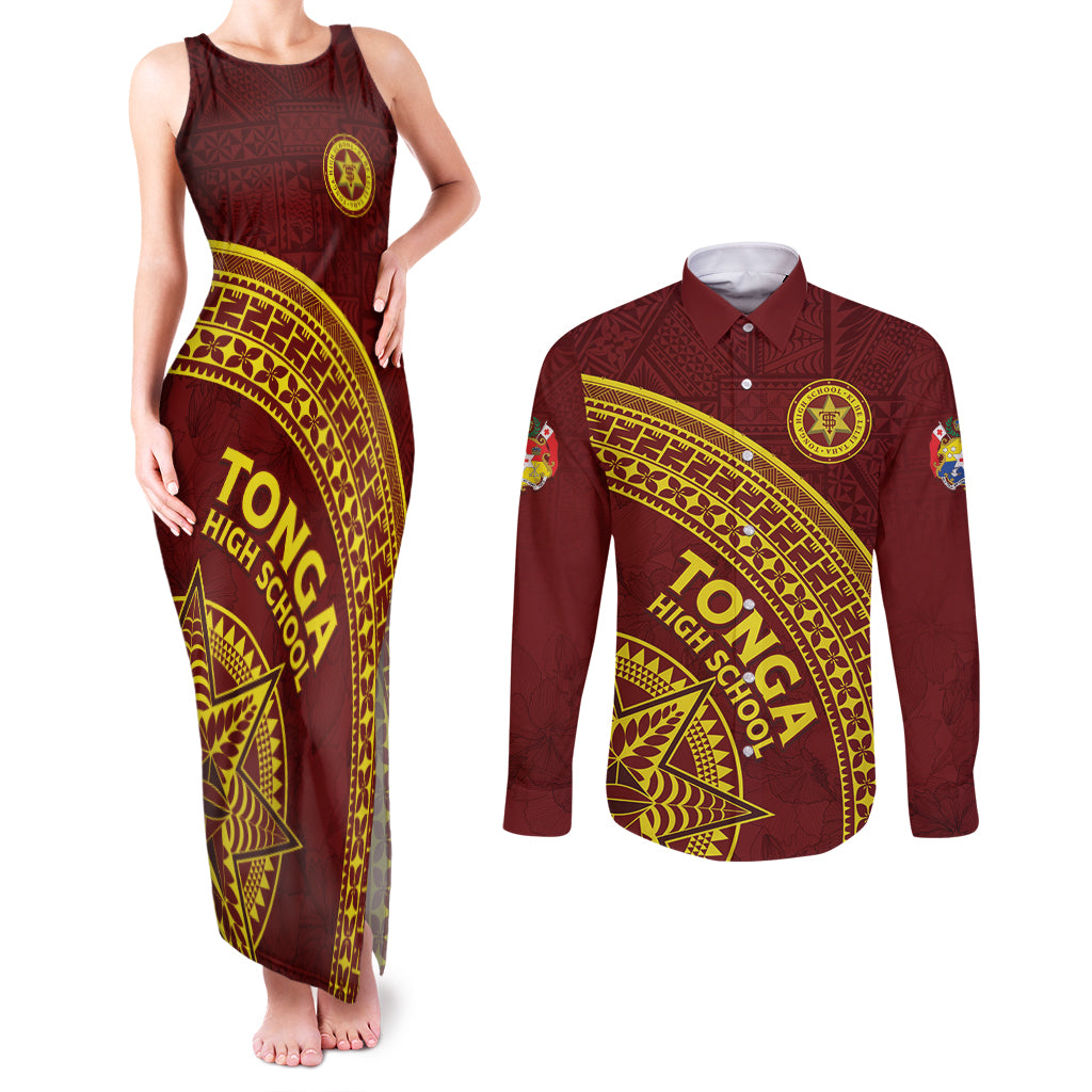 Tonga High School Couples Matching Tank Maxi Dress and Long Sleeve Button Shirt THS Anniversary Ngatu Motif