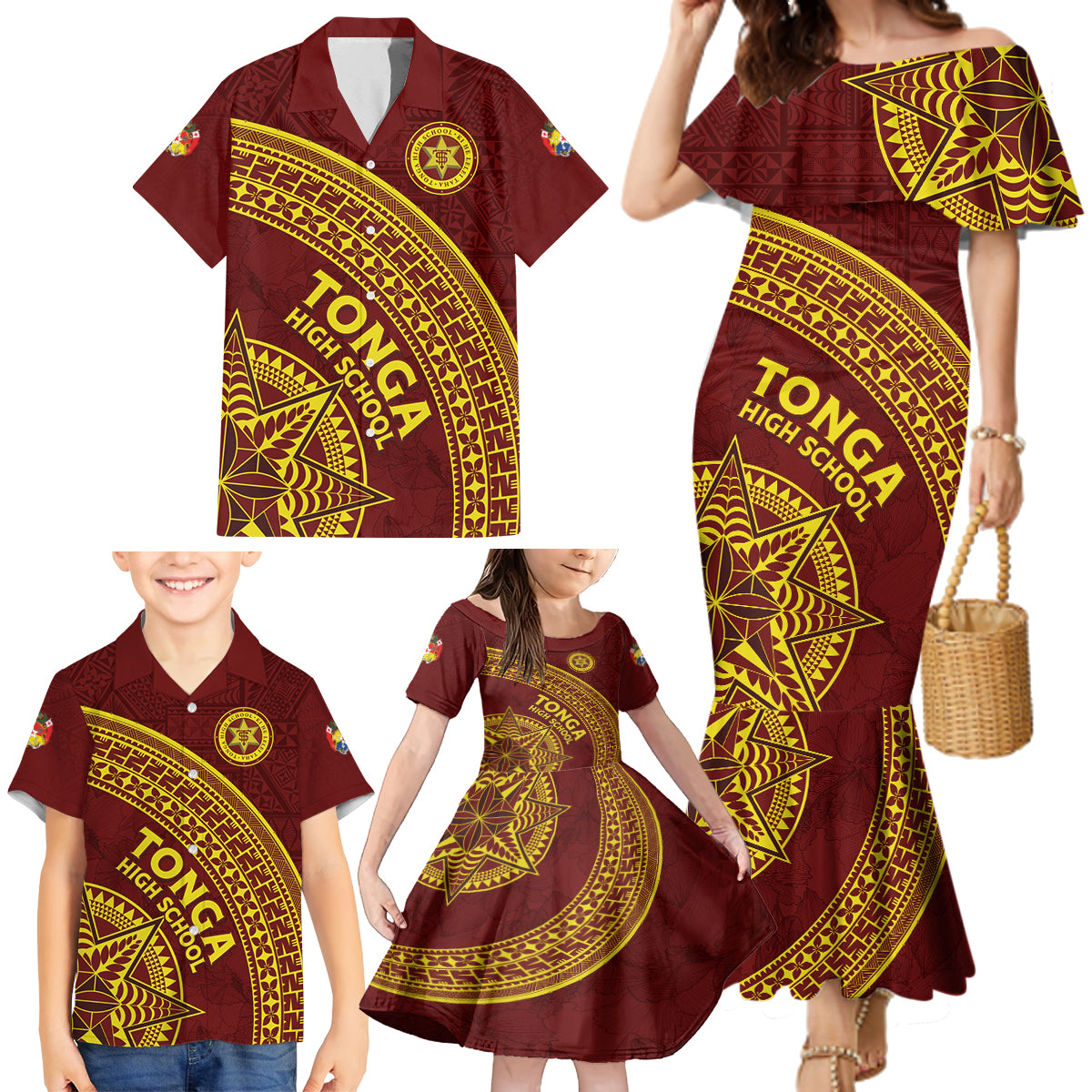 Tonga High School Family Matching Mermaid Dress and Hawaiian Shirt THS Anniversary Ngatu Motif