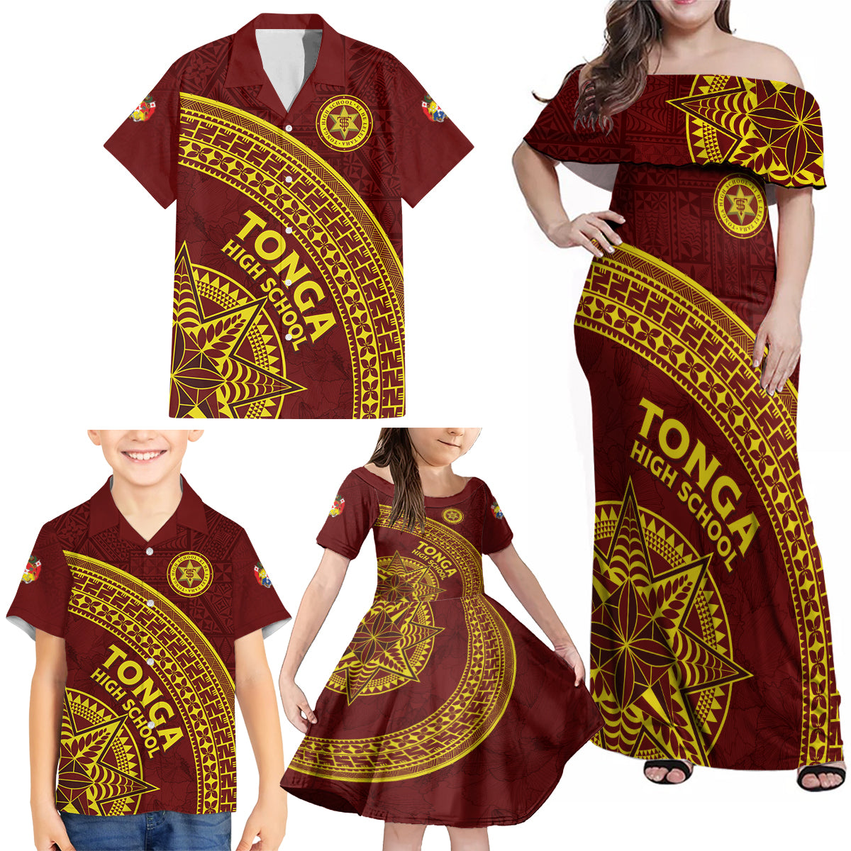 Tonga High School Family Matching Off Shoulder Maxi Dress and Hawaiian Shirt THS Anniversary Ngatu Motif