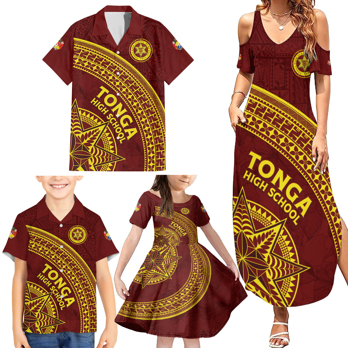 Tonga High School Family Matching Summer Maxi Dress and Hawaiian Shirt THS Anniversary Ngatu Motif