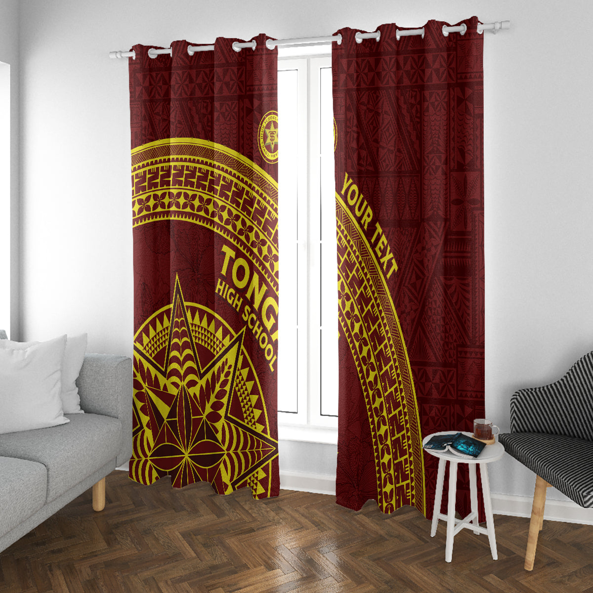 Tonga High School Window Curtain THS Anniversary Ngatu Motif LT7 With Grommets Maroon - Polynesian Pride