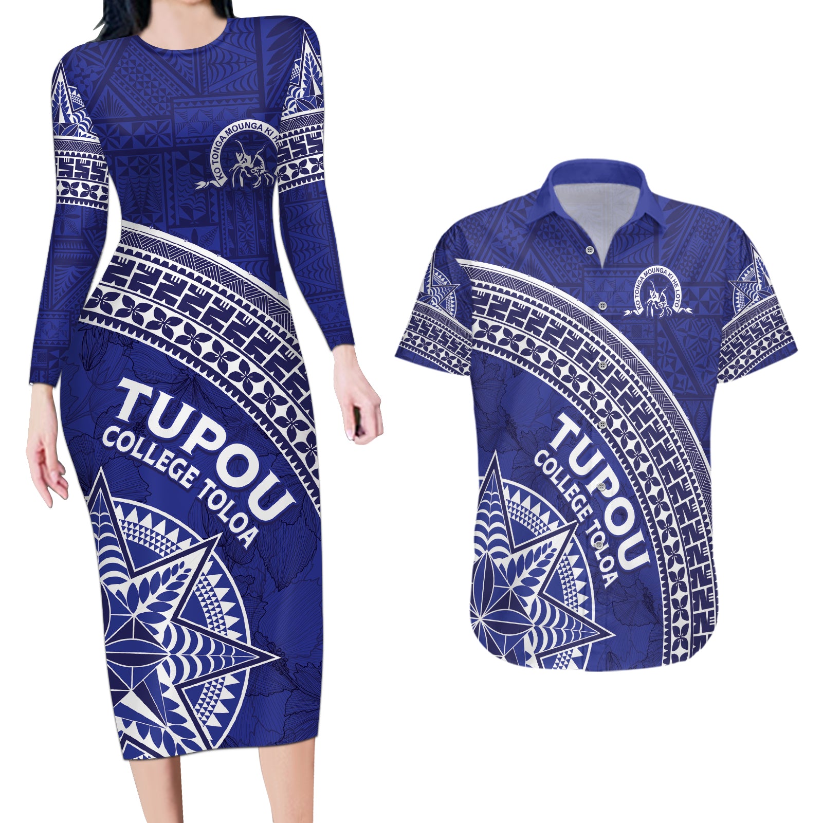 Tupou College Toloa Couples Matching Long Sleeve Bodycon Dress and Hawaiian Shirt Ngatu Tapa Mix Style