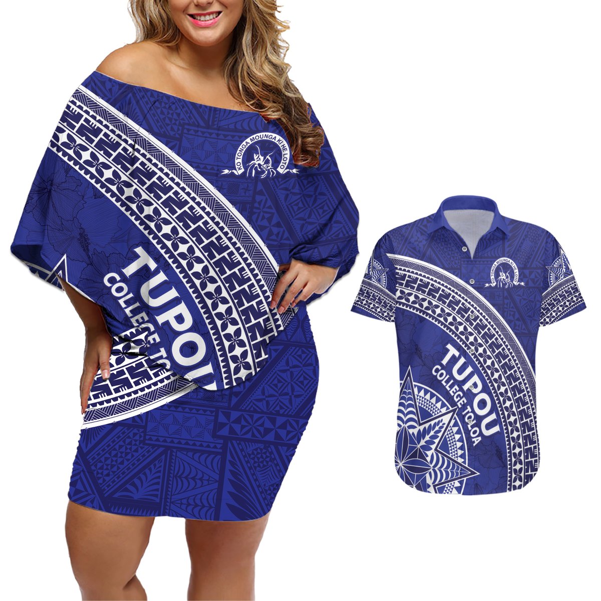Tupou College Toloa Couples Matching Off Shoulder Short Dress and Hawaiian Shirt Ngatu Tapa Mix Style LT7 Blue - Polynesian Pride
