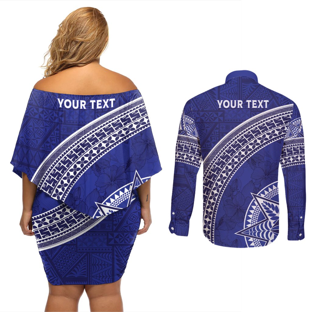 Tupou College Toloa Couples Matching Off Shoulder Short Dress and Long Sleeve Button Shirt Ngatu Tapa Mix Style