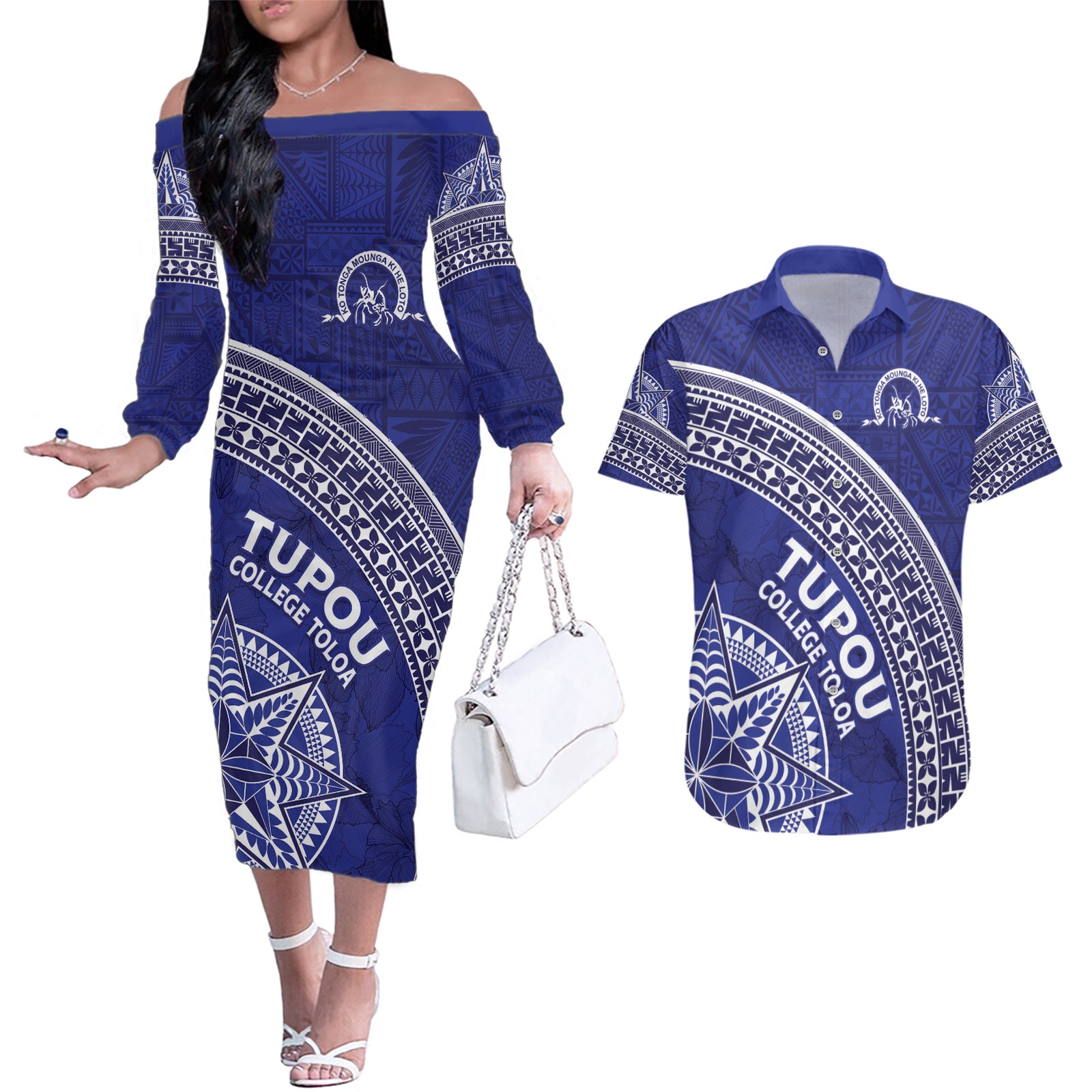 Tupou College Toloa Couples Matching Off The Shoulder Long Sleeve Dress and Hawaiian Shirt Ngatu Tapa Mix Style LT7 Blue - Polynesian Pride
