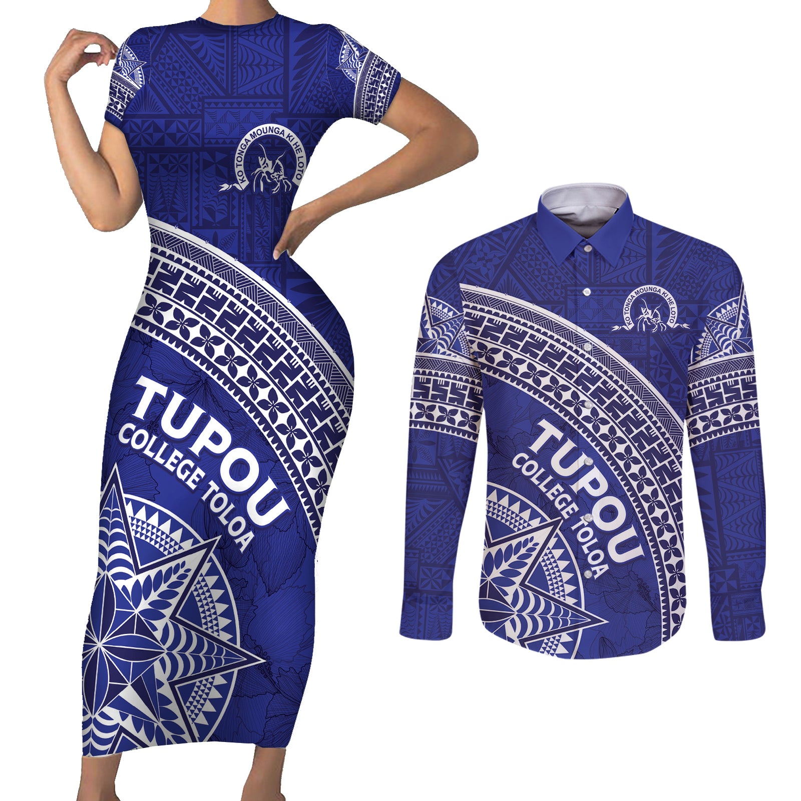 Tupou College Toloa Couples Matching Short Sleeve Bodycon Dress and Long Sleeve Button Shirt Ngatu Tapa Mix Style LT7 Blue - Polynesian Pride