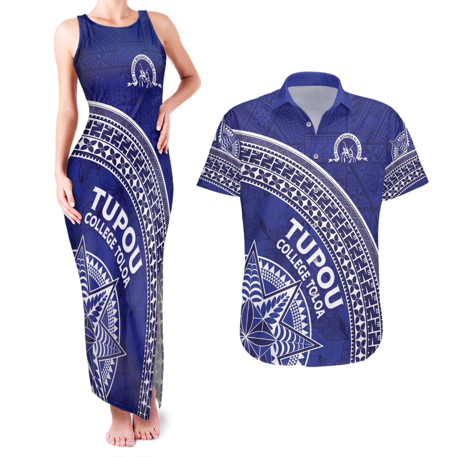 Tupou College Toloa Couples Matching Tank Maxi Dress and Hawaiian Shirt Ngatu Tapa Mix Style LT7 Blue - Polynesian Pride