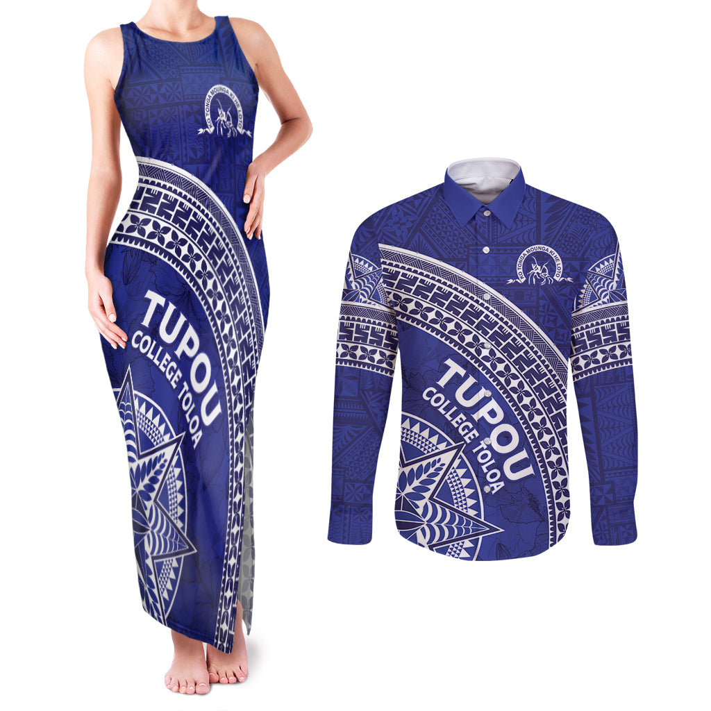 Tupou College Toloa Couples Matching Tank Maxi Dress and Long Sleeve Button Shirt Ngatu Tapa Mix Style LT7 Blue - Polynesian Pride