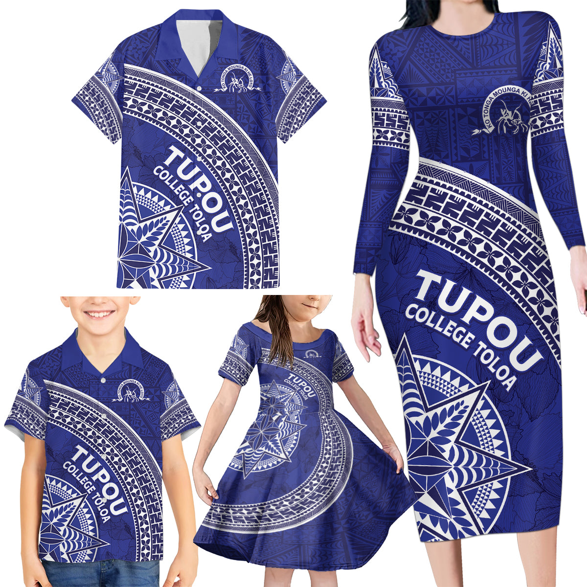 Tupou College Toloa Family Matching Long Sleeve Bodycon Dress and Hawaiian Shirt Ngatu Tapa Mix Style