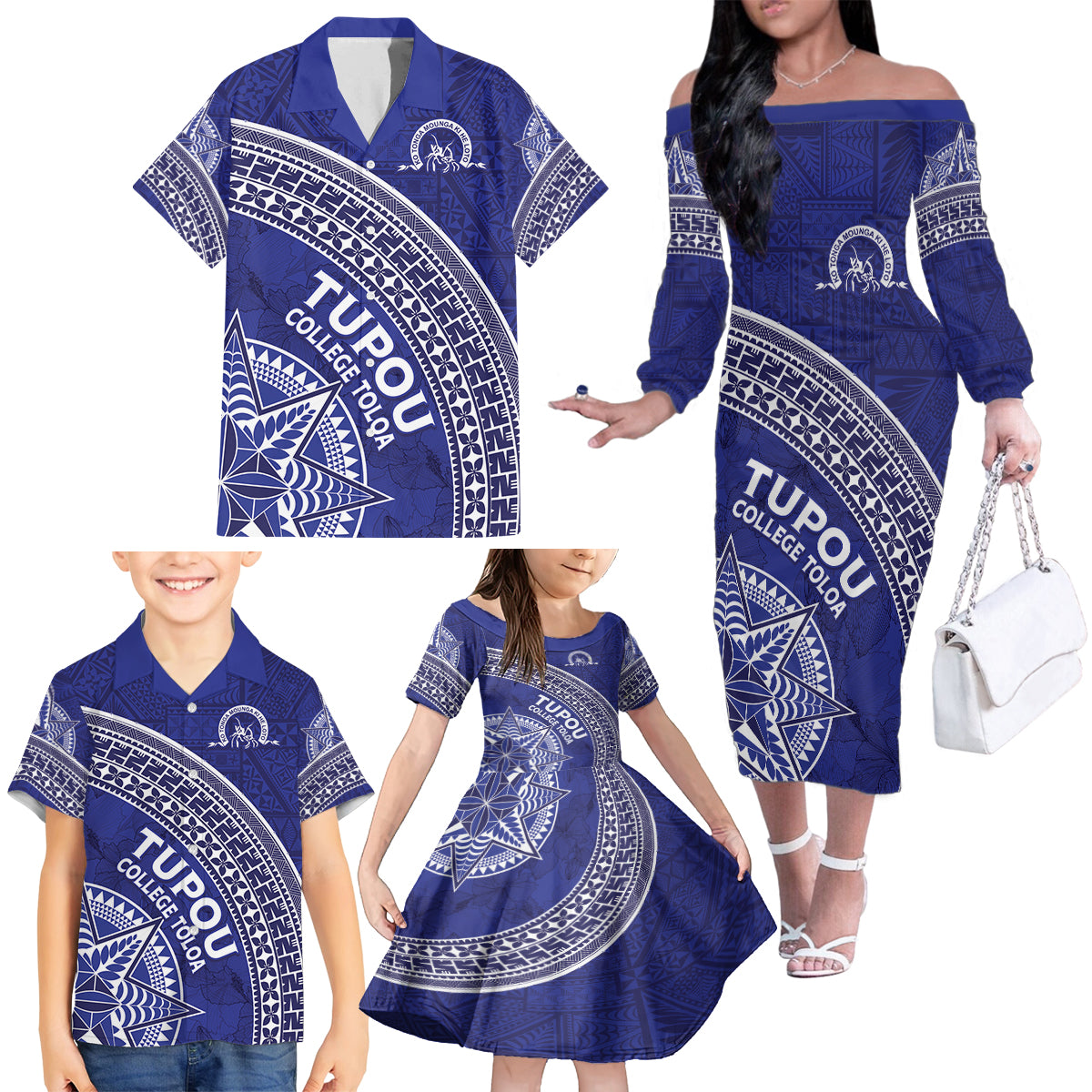 Tupou College Toloa Family Matching Off The Shoulder Long Sleeve Dress and Hawaiian Shirt Ngatu Tapa Mix Style