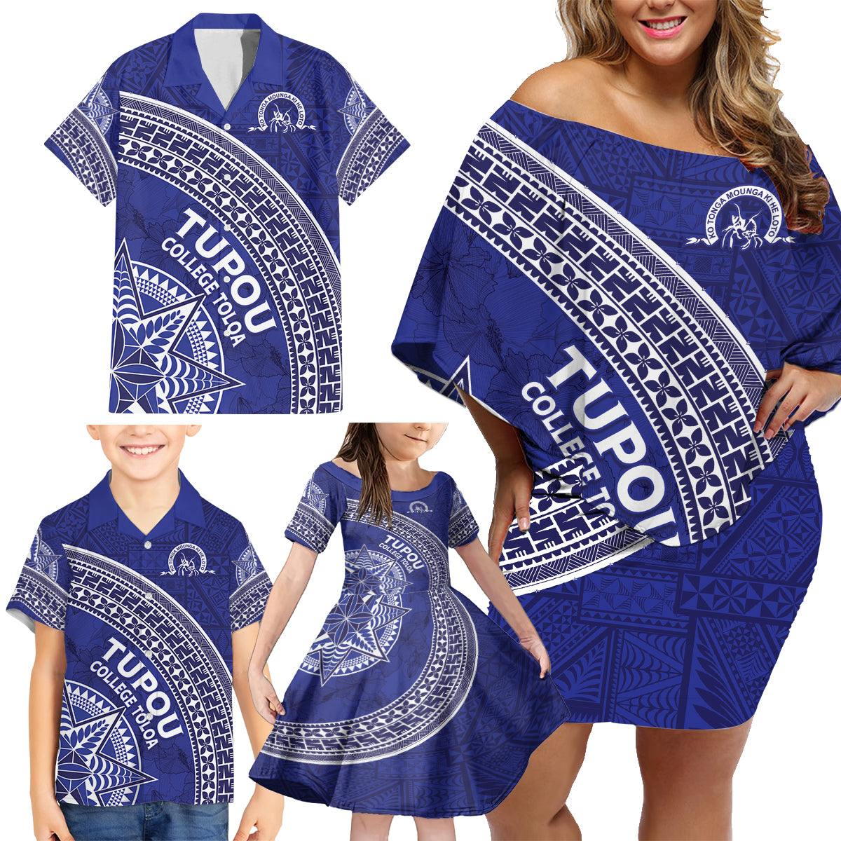 Tupou College Toloa Family Matching Off Shoulder Short Dress and Hawaiian Shirt Ngatu Tapa Mix Style