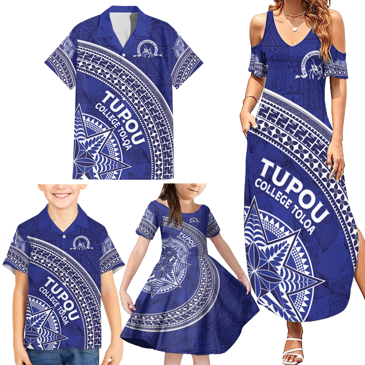 Tupou College Toloa Family Matching Summer Maxi Dress and Hawaiian Shirt Ngatu Tapa Mix Style