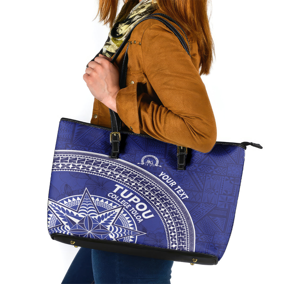 Tupou College Toloa Leather Tote Bag Ngatu Tapa Mix Style LT7 Blue - Polynesian Pride