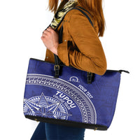 Tupou College Toloa Leather Tote Bag Ngatu Tapa Mix Style LT7 Blue - Polynesian Pride