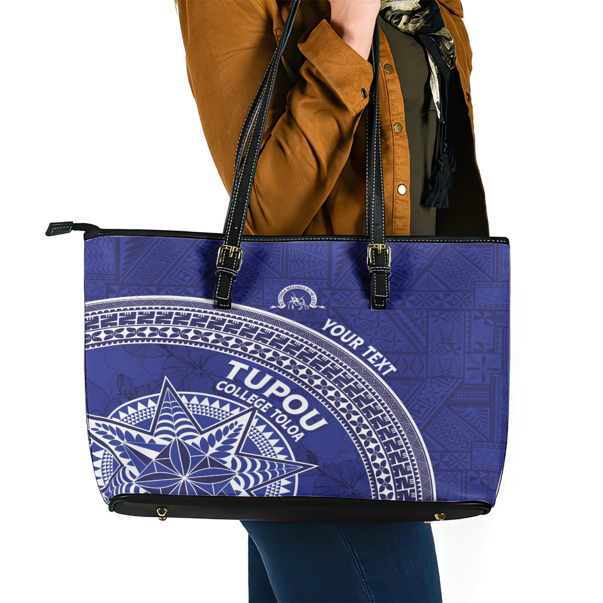 Tupou College Toloa Leather Tote Bag Ngatu Tapa Mix Style LT7 - Polynesian Pride