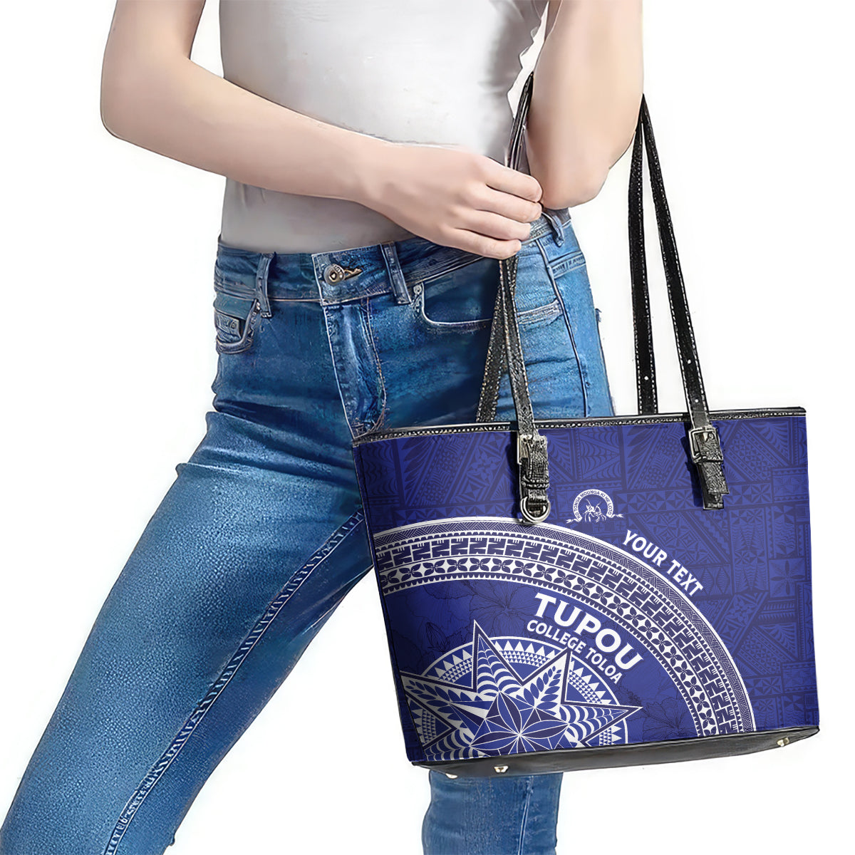 Tupou College Toloa Leather Tote Bag Ngatu Tapa Mix Style LT7 - Polynesian Pride