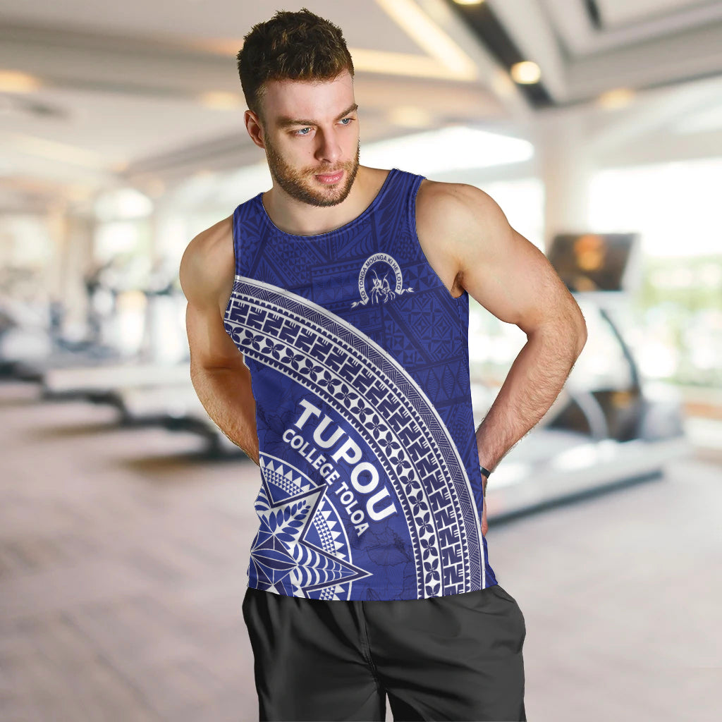 Tupou College Toloa Men Tank Top Ngatu Tapa Mix Style LT7 Blue - Polynesian Pride