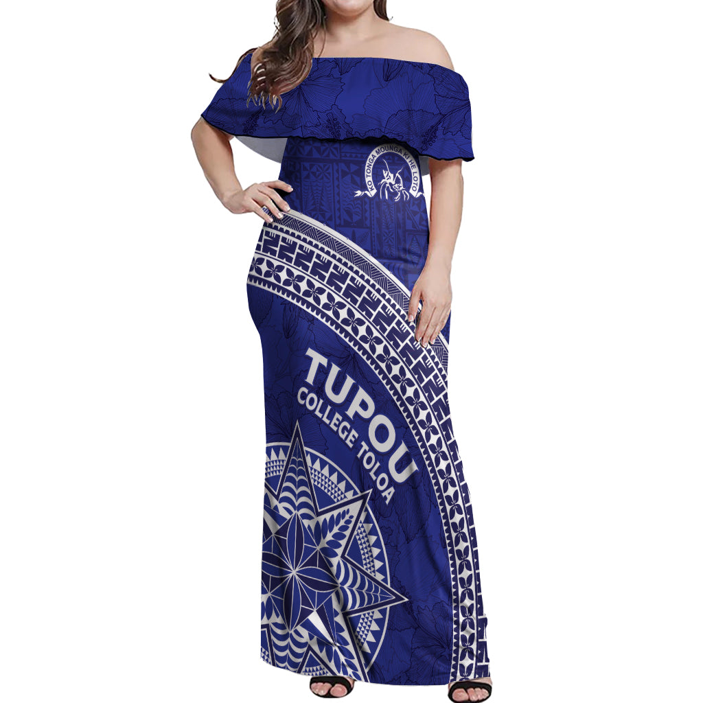 Tupou College Toloa Off Shoulder Maxi Dress Ngatu Tapa Mix Style LT7 Women Blue - Polynesian Pride