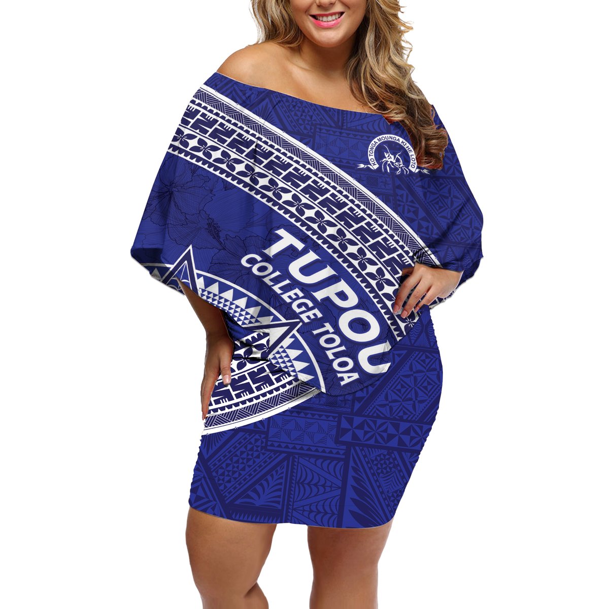 Tupou College Toloa Off Shoulder Short Dress Ngatu Tapa Mix Style LT7 Women Blue - Polynesian Pride