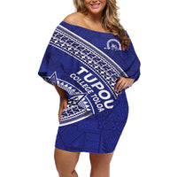 Tupou College Toloa Off Shoulder Short Dress Ngatu Tapa Mix Style LT7 Women Blue - Polynesian Pride