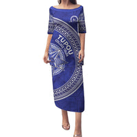 Tupou College Toloa Puletasi Ngatu Tapa Mix Style LT7 Long Dress Blue - Polynesian Pride